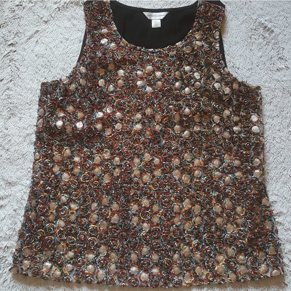 Christopher & Banks Sleeveless Tank Top Textured Floral Sequin Multi Color Large